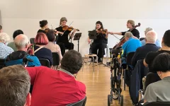 Das Streichquartett Velvet Quartet spielt im Saal vorne sitzend. Dahinter sieht man das Publikum von hinten.&nbsp;